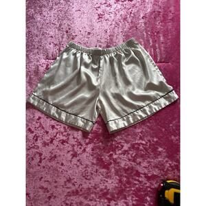 Satin Women s Pajama Shorts Silver Elastic Waistband Medium Black Piping Fancy